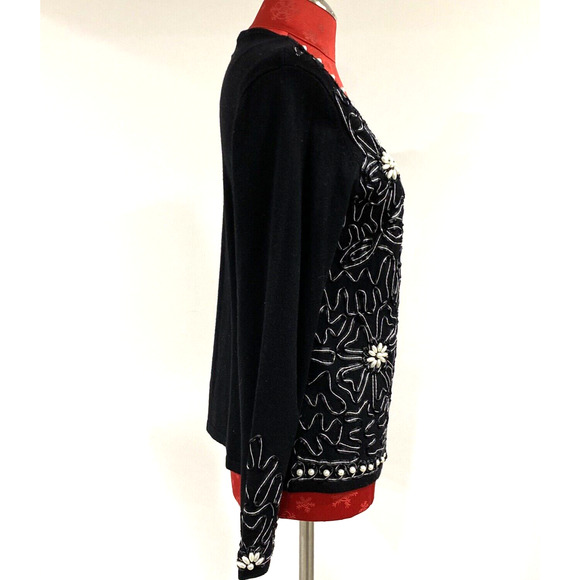 Black cardigan sweater lace applique pearl beadwork embellishment dressy size M - Picture 9 of 10